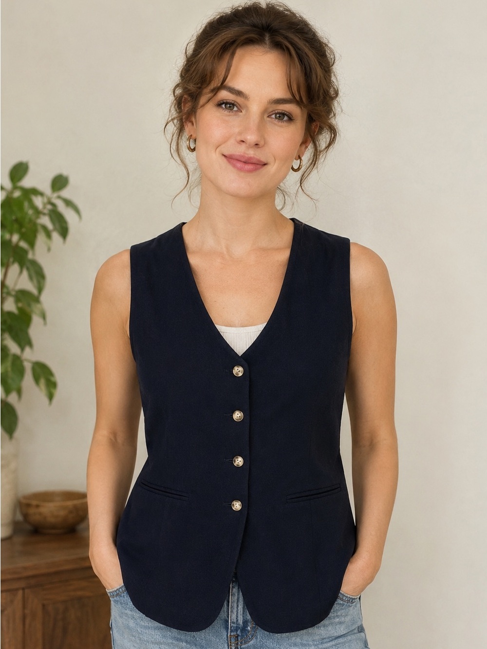 Jones New York Sleeveless Navy Button-Front Vest 8